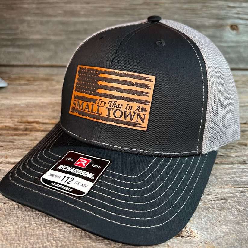 Try that is a small town American Flag (Brown Distressed Flag) Various Colors Must message for color choice.