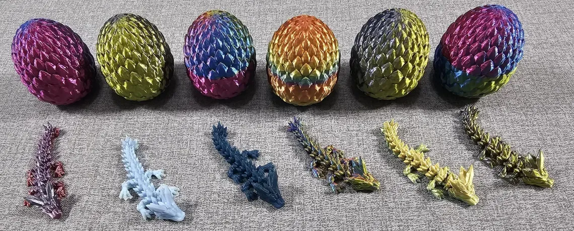 6 Pack Baby Crystal Dragon With Dragonscale Egg.  3D Printed Articulated Various Colors (Designed By Crystalwing 3D) With plastic egg case.