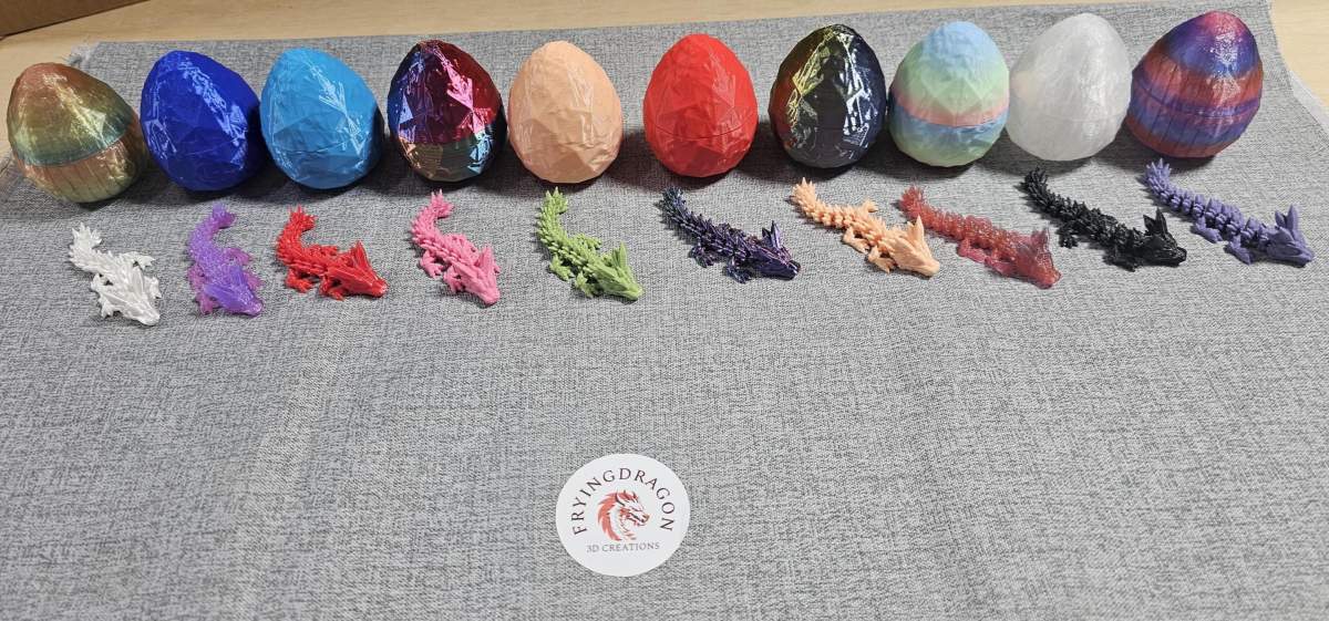 6 Pack Baby Crystal Dragon With Crystalline  Egg, 3D Printed Articulated Various Colors (Designed By Crystalwing 3D) With plastic egg case.