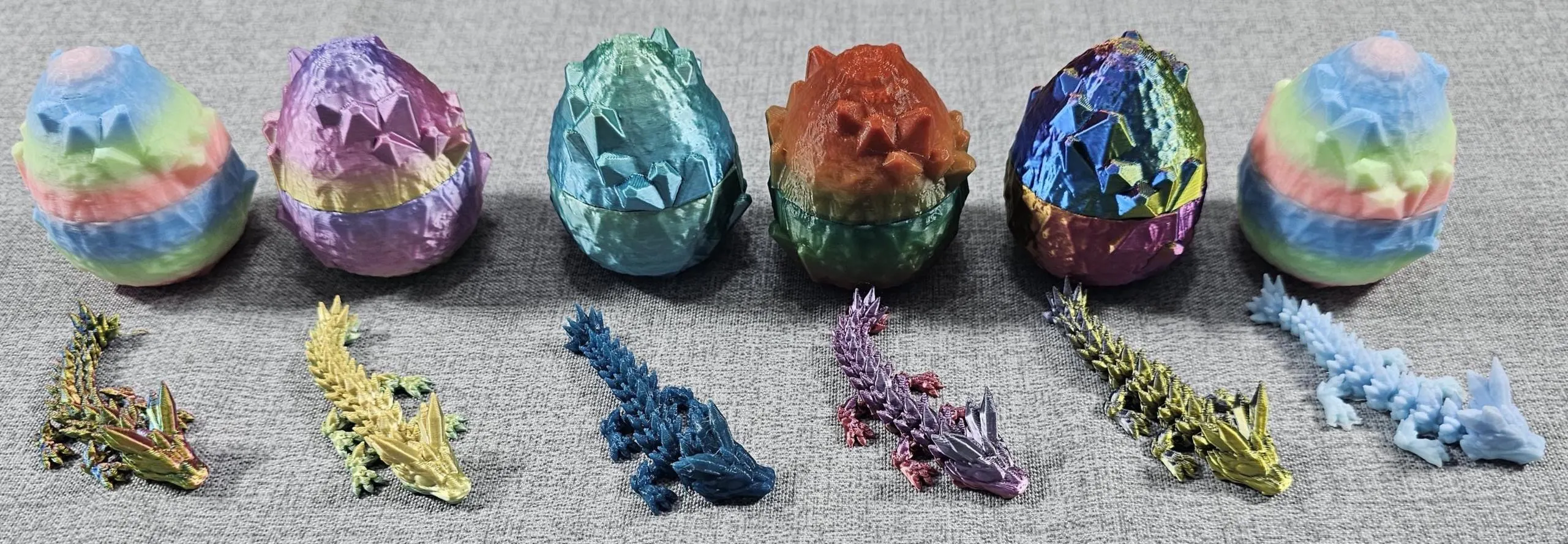 6 Pack Baby Crystal Dragon With Crystal  Egg, 3D Printed Articulated Various Colors (Designed By Crystalwing 3D) With plastic egg case.